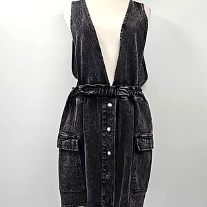 GB Acid Wash Black Denim Jumper w Deep V Front & Back & Cargo Pockets